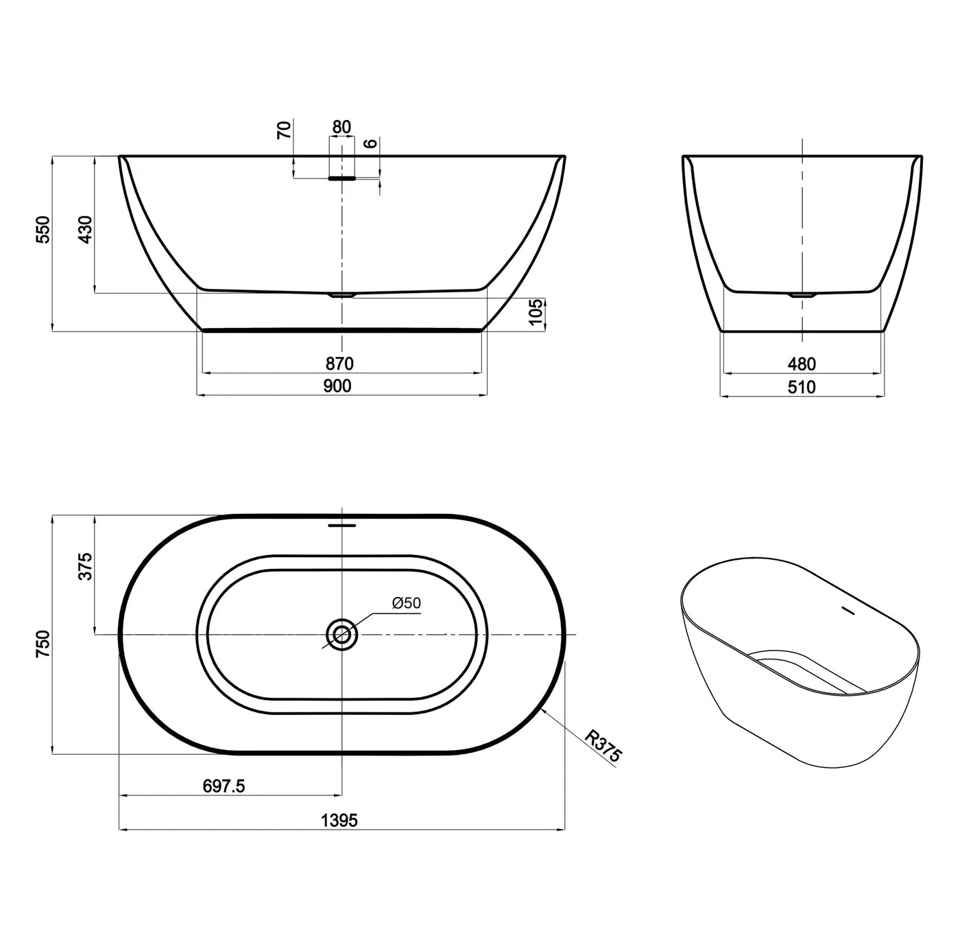 Attica Manolo Freestanding Bath with Overflow