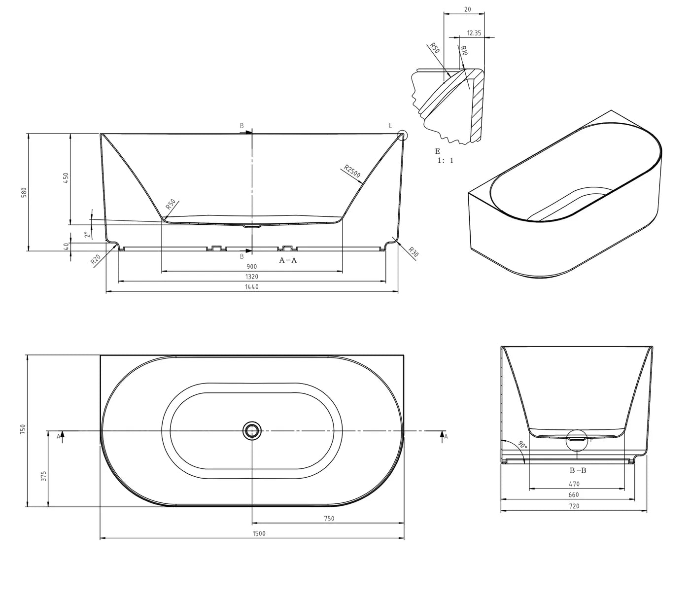 Attica Celine BTW Multi-fit Bath with Overflow