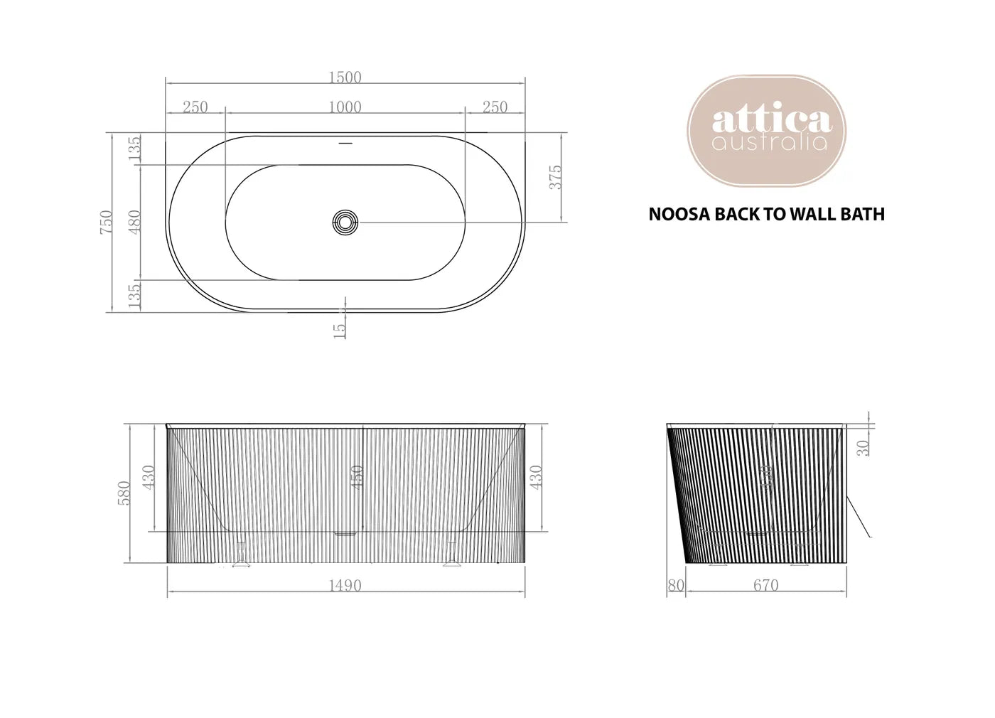 Attica Noosa Fluted BTW Multi-fit Bath with Overflow