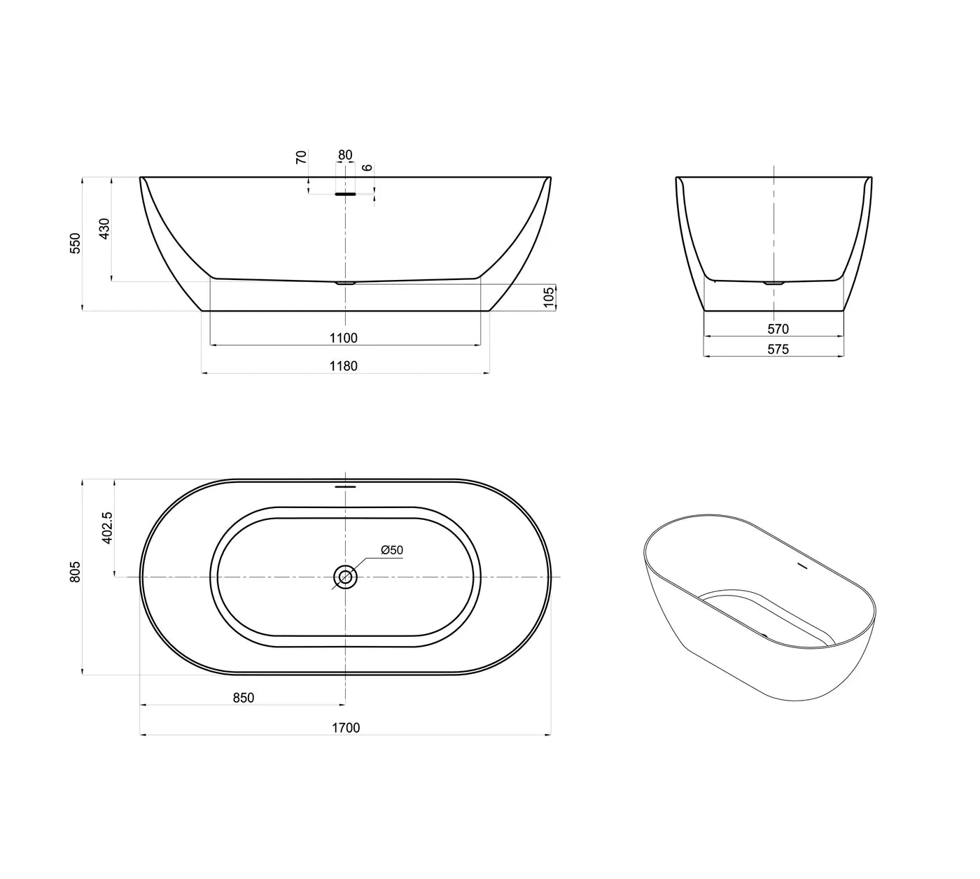 Attica Manolo Freestanding Bath with Overflow