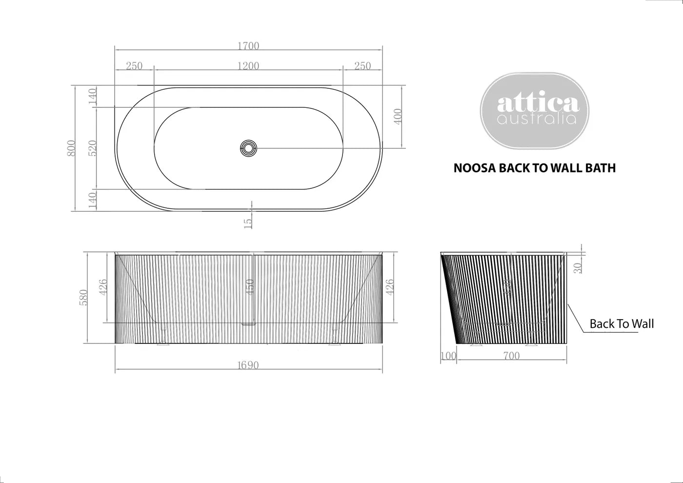 Attica Noosa Fluted BTW Multi-fit Bath with Overflow