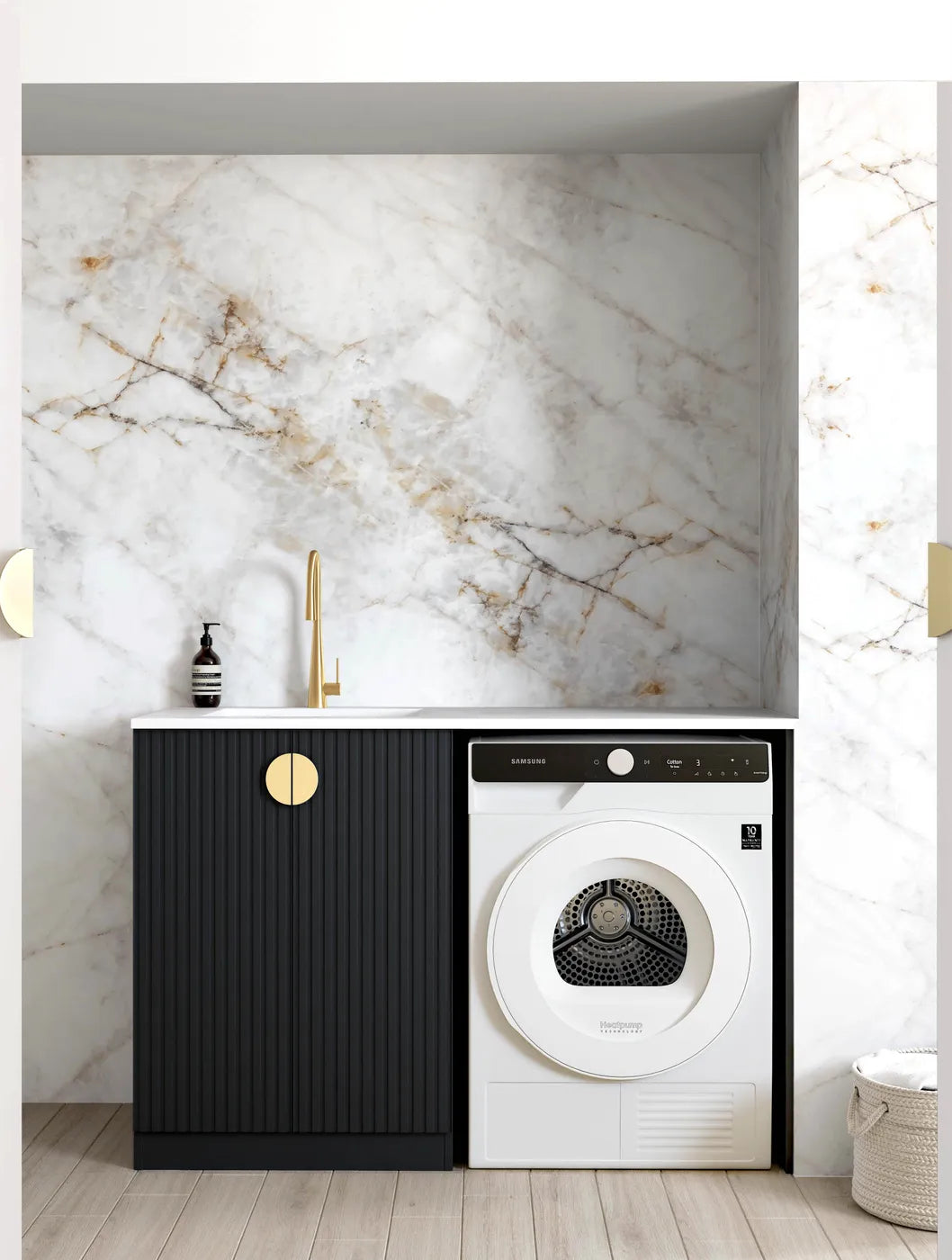 Marlo Black Base Laundry Cabinet with Stone Top and Sink 1300x600x900