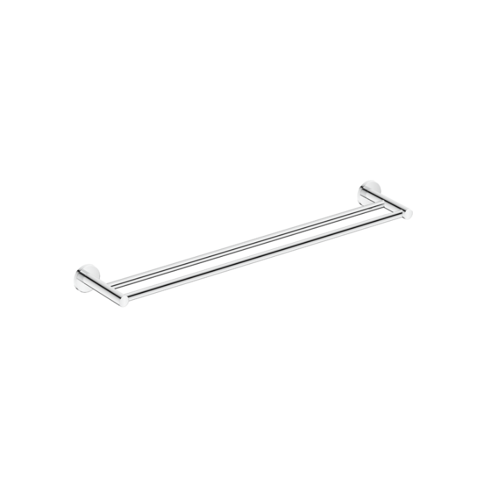 A polished chrome double towel bar with wall mounts, shown against a plain white background.